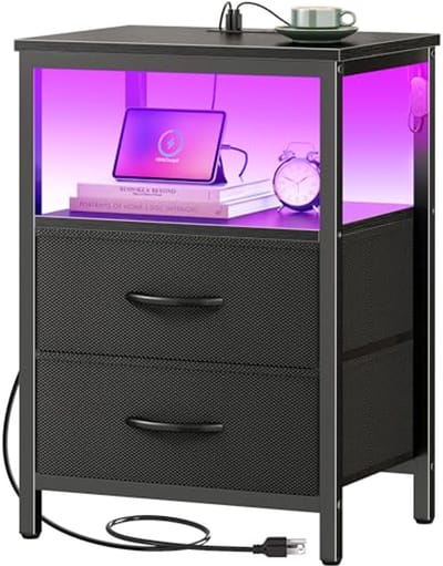 Nachtkastje met Oplaadstation en LED-verlichting - Modern Nachttafeltje met 2 Laden en Open Plank