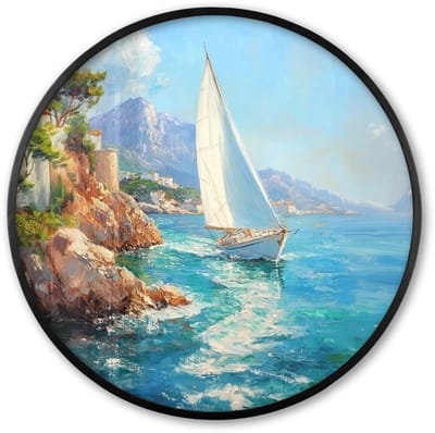 Poster in lijst Rond - Fotolijst 60x60 cm - Posters - Zeilboot - Rotsen - Kust - Huizen - Ronde posterlijst zwart - Decoratie - Wanddecoratie woonkamer - Muurdecoratie slaapkamer