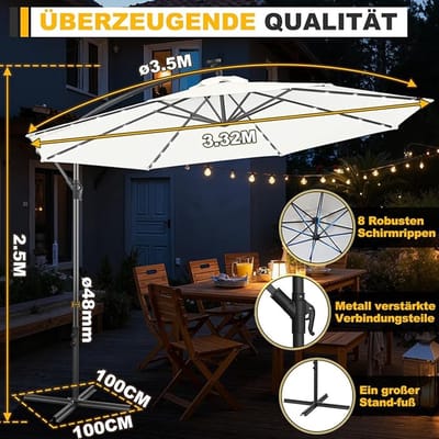 Ampelschirm Parasol Depauwonen Ø 350cm – Luxe Tuin- en Terrasparasol met Kurbel, 360° Rotatie, Aluminium Frame, Beige Polyester, UPF 40+ Zonbescherming voor Balkon, Strand en Outdoor – Afmetingen o...