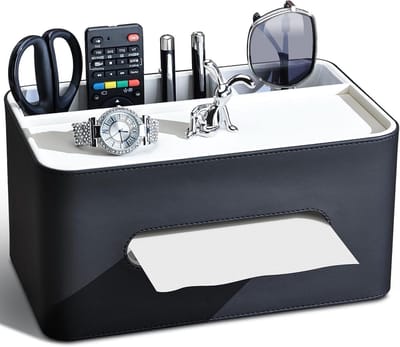 Multifunctionele Tissue Box met 2 Compartimenten van PU Leer, Perfecte Organizer voor Kantoor, Badkamer en Thuis (Zwart)