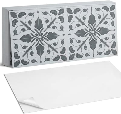 Coloray Plaktegels - Plantmotief in symmetrie Zelfklevende Wandtegels - 40 cm x 20 cm - Grijs Plaktegels - 10 stuks - Rechthoek PVC Tegels - Plaktegels Badkamer - Vloertegels Zelfklevend - Vinyltegels Vloer Zelfklevend - Portugese Tegels