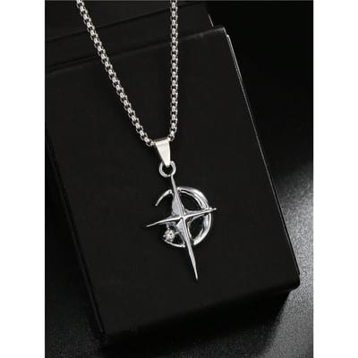 1 stuks Europese & Amerikaanse Mode Halloween Halve Maan & Ster Hanger Ketting, Roestvrijstalen Kralenketting voor Mannen & Vrouwen Chain Length 70cm antiek zilver kleur