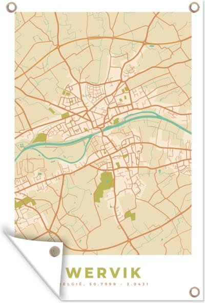 Muurdecoratie Stadskaart - Plattegrond - Vintage - Wervik - Kaart - 120x180 cm - Tuinposter - Tuindoek