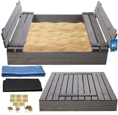 KOTARBAU® Houten Zandbak - 120 x 120 cm - Grijs - Zandbak met Deksel - en Bankjes - Met Grondzeil - Geïmpregneerd - Buitenspeelgoed