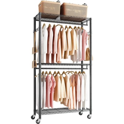 Porte-vêtements à roulettes, Porte-vêtements robuste, 3 niveaux réglables, Porte-vêtements en acier au carbone, Capacité de charge de 204 kg, Armoire pour