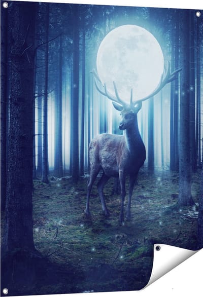 Gards Tuinposter Hert in het Bos tijdens Volle Maan - 80x100 cm - Tuindoek - Tuindecoratie - Wanddecoratie buiten - Tuinschilderij