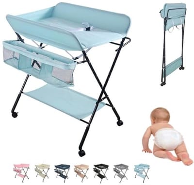Inklapbare Luiertafel met Opbergmand - Draagbaar en Verstelbaar voor Baby's - Lichtblauw (80 x 66 x 98 cm)