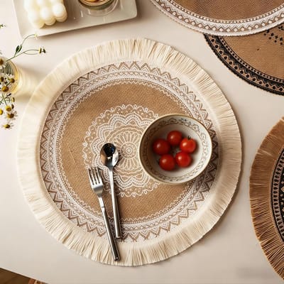 Placemats, Boheemse placemats, hittebestendige jute placemats met kwastjes, ontbijtplankjes, voor isolatie, decoratie en fotografie, verschillende stijlen (38 cm)