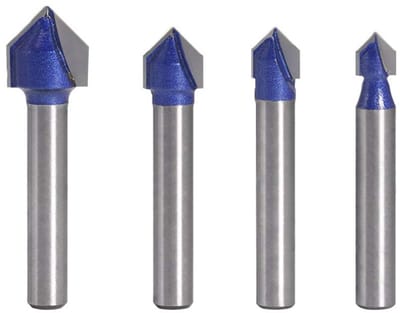 Set van 4 Houten Freesbits met 1/4 Inch Shank voor 90° V-groeven en Ronde Neus Bewerking