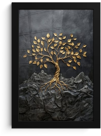 Poster in lijst - Fotolijst 20x30 cm - Posters - Bladeren - Goud - Boom - Rots - Posterlijst zwart - Decoratie - Wanddecoratie woonkamer - Muurdecoratie slaapkamer