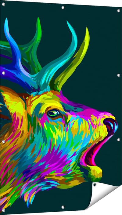Gards Tuinposter Hertenkop - Hert - Abstract - Kleur - 80x120 cm - Tuindoek - Tuindecoratie - Wanddecoratie buiten - Tuinschilderij