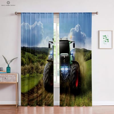 Rideaux de fenêtre avec impression réaliste, Tracteur imprimé en 3D, Décoration de chambre à coucher, salon, bureau, Décoration intérieure, W50xH160(CM)x2PCS&Grommet Top