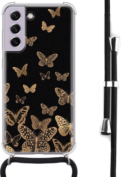 Hoesje met koord - Geschikt voor Samsung Galaxy S21 FE - Vlinders - Verstelbaar zwart koord - Crossbody - Print / Illustratie - Zwart, Transparant - Leuke Telefoonhoesjes