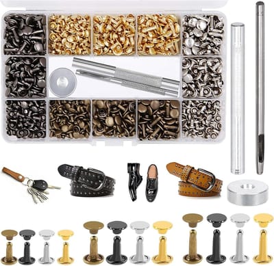 480 Stuks Leren Rivetten Set, Metalen Rivetten, Dubbele Kappen in 3 Maten, Handgemaakte Holle Rivetten voor DIY Projecten, Inclusief 3 Bevestigingshulpmiddelen en Opbergdoos