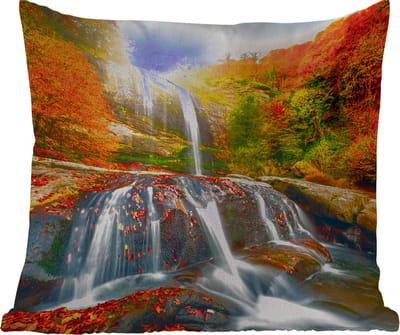 Tuinkussen - Waterval - Natuur - Herfst - Rood - Water - 40x40 cm - Weerbestendig