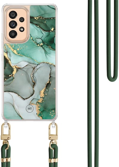 Hoesje met koord geschikt voor Samsung Galaxy A53 - Marble Design - Inclusief Groen koord - Crossbody beschermhoes - Transparant, Grijs, Groen - Mooie Telefoonhoesjes