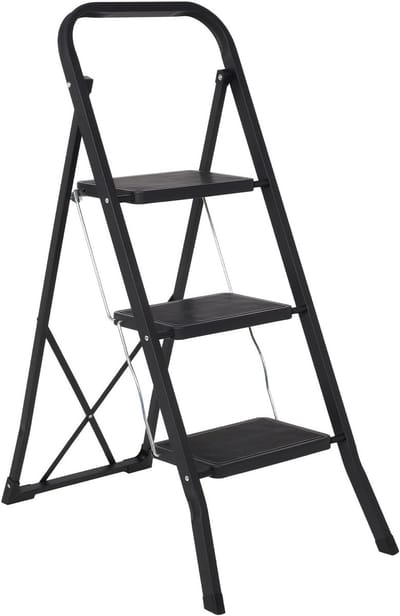 Huishoudtrap 3 Treden - Keukentrap Inklapbaar - Veilig Omhoog Stappen - Anti-slip Treden Poten - 70 Centimeter Hoog - Zwart