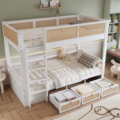 MODENUIT Kinderstapelbed 90x200 cm – Met Veiligheidshek en 3 Laden op Wielen – 4-Treden Ladder – Zonder matras – Wit/Naturel