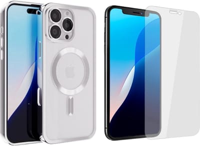 Coverzs bundel Magneet telefoonhoesje met Camera cover + Screenprotector - Geschikt voor Iphone 16 Pro - Transparant hoesje met zilveren details - Geschikt voor magnetische accessoires - Camerabescherming - Glasplaatje - Bescherming tegen krassen