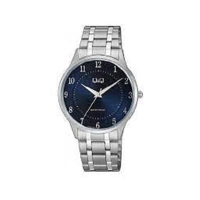 Q&Q QZ60J205Y - Horloge - Analoog - Heren - Mannen - Stalen band - Rond - Metaal - Cijfers - Zilverkleurig - Donkerblauw - 3 ATM