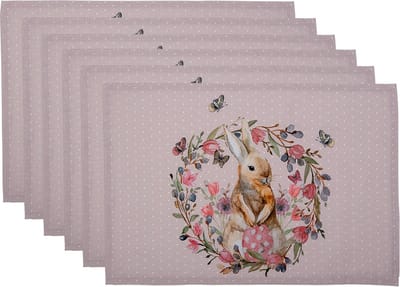 Clayre & Eef Placemats Set van 6 48x33 cm Wit Roze Katoen Konijn Bloemen