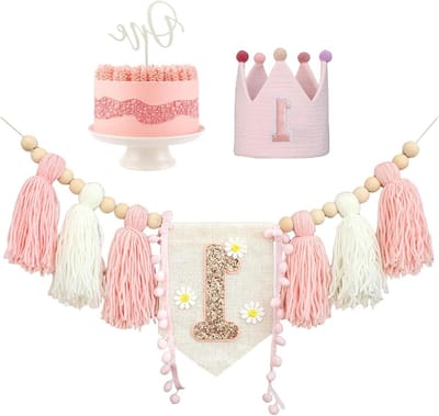 Roze verjaardag kinderstoel banner feestdecoratie meisjes jongens baby shower kinderkamer (met houten borden)