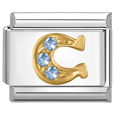 Quiges - Schakel - Bedel - 9mm - charms - Blauw CZ hoefijzer - Geschikt voor - armband - Schakelarmband - italy bedels armband