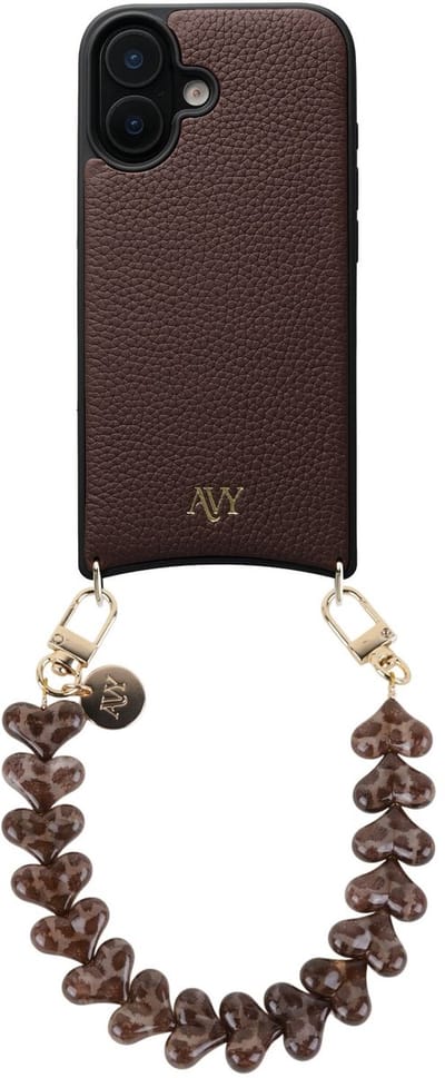 AVY Leren Hoesje Geschikt voor Apple iPhone 16 | Compatibel met MagSafe | Leather Case met Telefoonkoord | Polsband | Chocolate | Cupid Leopard