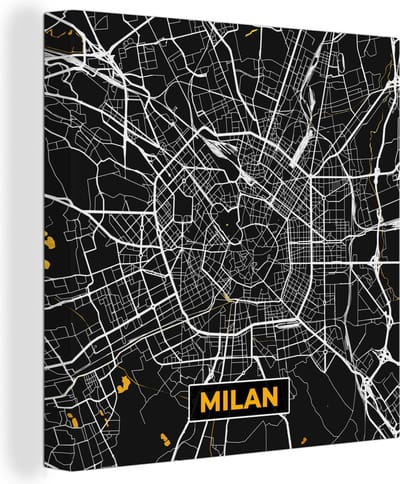 Canvas Schilderij Milaan - Stadskaart - Goud - Plattegrond - Kaart - 20x20 cm - Wanddecoratie