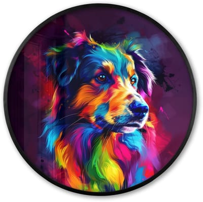 Poster in lijst Rond - Fotolijst 60x60 cm - Posters - Hond - Kleurrijk - Dier - Dierenhoofd - Ronde posterlijst zwart - Decoratie - Wanddecoratie woonkamer - Muurdecoratie slaapkamer