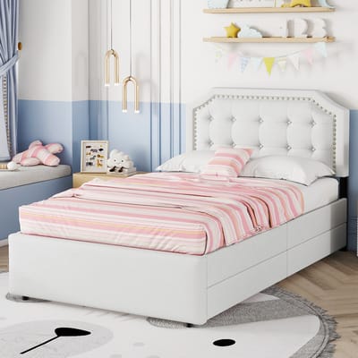 90 x 200 cm plat bed - gestoffeerd bed - bedbekleding met decoratieve klinknagels - dubbele laden - beige - zonder matras