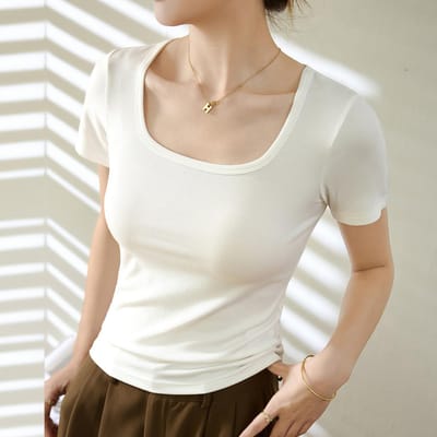 Coton Été Nouveau T-shirt Polyvalent Haut à Manches Courtes pour Femmes Col Carré Chemise de Fond XXL white