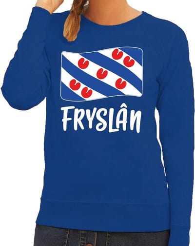 Friesland thema trui - sweater - blauw - met Friese vlag - voor dames - Fryslan provincie kleding XS