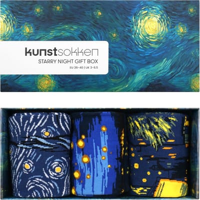 Kunst sokken - Starry Night Giftbox 3-pack - Sokken Heren 41 46 - Biologisch Katoenen Sokken - funny socks happy - Vrolijke Sokken - Grappige Sokken - Sokken Cadeau