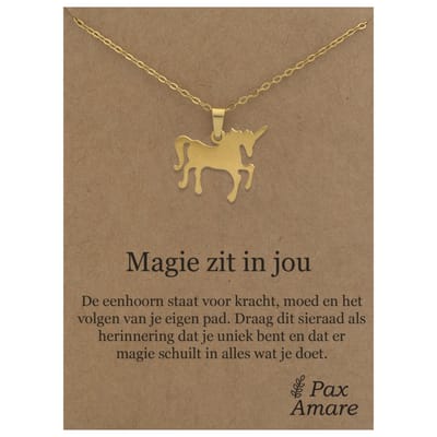 Stainless Steel Eenhoorn Ketting op Cadeau Kaartje - Magie zit in jou - 45cm Goudkleurig Roestvrij Staal - Pax Amare
