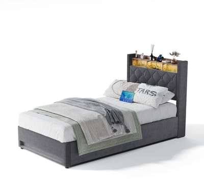 REDOM Bedframe 90x200 Cm – LED Hoofdbord Met Opbergruimte – Ruimtebesparend Opbergbed Voor Slaapkamer – Modern Eenpersoonsbed – Grijs