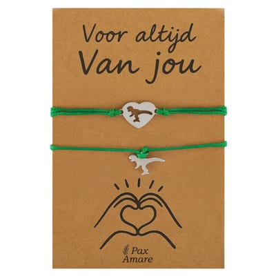 Koppel Armbandjes voor 2 "Voor altijd van Jou" - Dino - Vriendschapsarmbandjes met Valentijn Cadeau Kaartje - Groen & Zilverkleurig - Elastisch Verstelbaar - Pax Amare