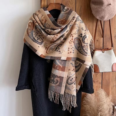 Dames Boheemse Paisley Infinity Sjaal van imitatiekasjmier, warm, tweezijdig, dikke sjaal met bloemenprint en gezellige kwastjes. brown