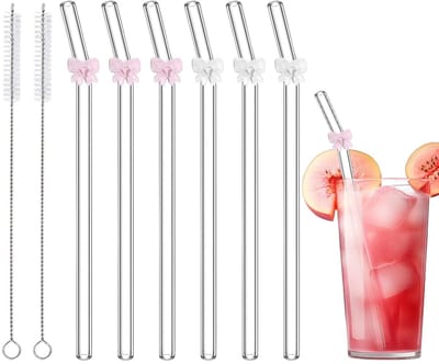 Dailygoods- Glazen Rietjes 8 Stuks - Herbruikbaar - Breukbestendig - Met Reinigingsborstels - Elegante Boogontwerpen - Milieuvriendelijk