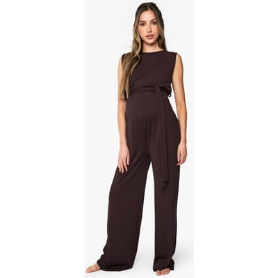boohoo Dames Zwangerschaps Geribbelde Jumpsuit met Riem Mouwloos Lounge | Chocoladebruin | Maat: 40