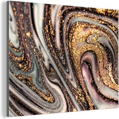 Wanddecoratie Metaal - Aluminium Schilderij Industrieel - Marmerlook - Goud - Glitter - Luxe - Marmer - Wit - 80x60 cm - Dibond - Foto op aluminium - Industriële muurdecoratie - Voor de woonkamer/slaapkamer