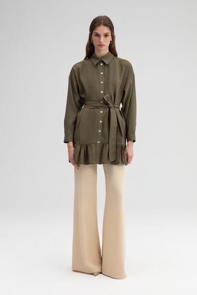 Touché Privé - Cupro blouse met riem - Khaki - Dames