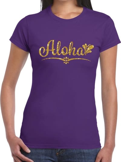 Hawaii verkleedkleding T-shirt - Aloha - paars - voor dames - met gouden letters - Tropical party kleding XS