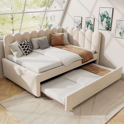 REDOM Slaapbank met Uitschuifbed – L-vormig – Bloemvormige rugleuning – Fluweel – Beige – 140 x 200 cm