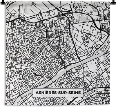 Wandkleed - Wanddoek - Frankrijk - Asnières-sur-Seine - Kaart - Plattegrond - Stadskaart - Zwart wit - 180x180 cm - Wandtapijt