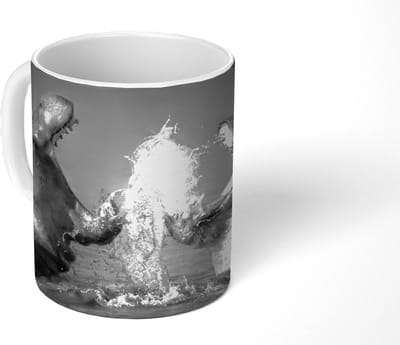 Mok - Koffiemok - Dieren - Nijlpaard - Water - Zwart - Wit - Mokken - 350 ML - Beker - Koffiemokken - Theemok