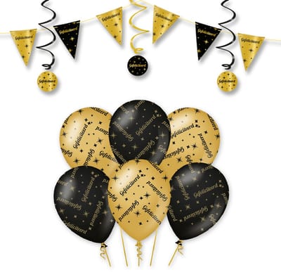 LUQ – Statement Set 16 Jaar – Zwart-Goud – Verjaardag Party Feestpakket Decoraties – Luxe Ballonnen-Slingers-Vlaggenlijn