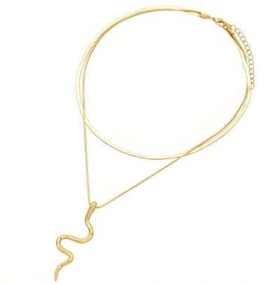 Goudkleurige layered ketting met slanghanger – ketting voor dames – dubbele ketting – fantasiehanger in golvende vorm