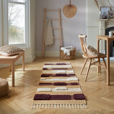 Flycarpets Loper Medina Blocks Jute Vloerkleed Naturel / Paars 67x200 cm
