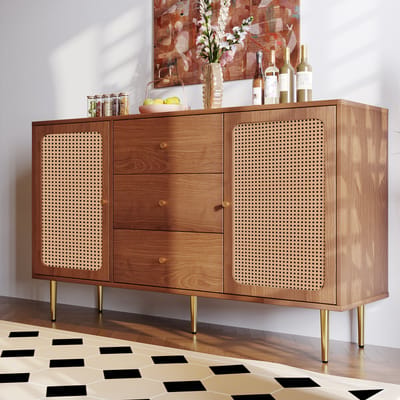 REDOM Dressoir – 150x40x90 cm – Buffetkast met 2 deuren en 3 laden – Walnoot uitstraling met metalen onderstel – Verstelbare vakbodem – Voor woonkamer of eetkamer – MDF en metaal